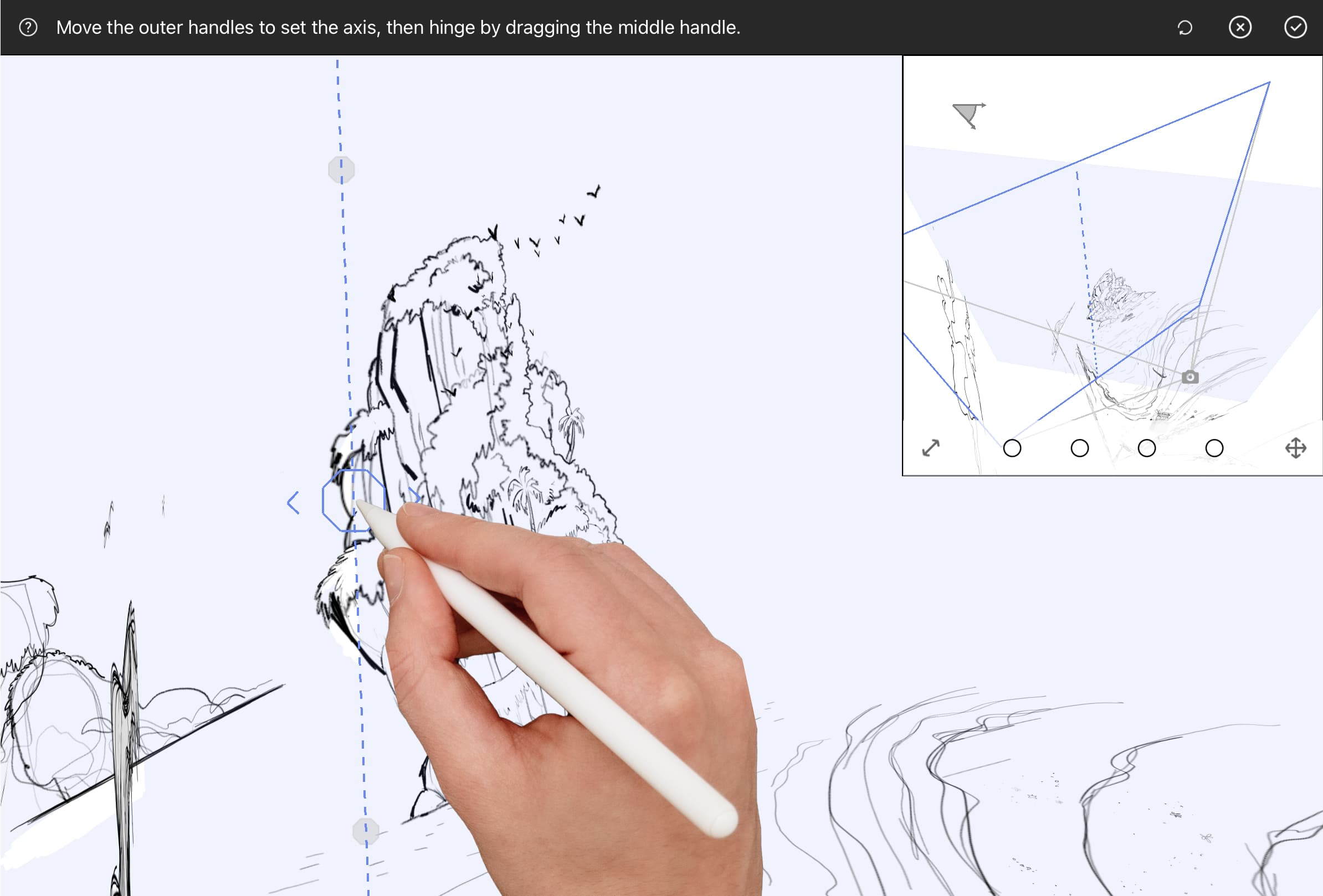 Drag the outlined handle left or right to rotate the new canvas across the axis