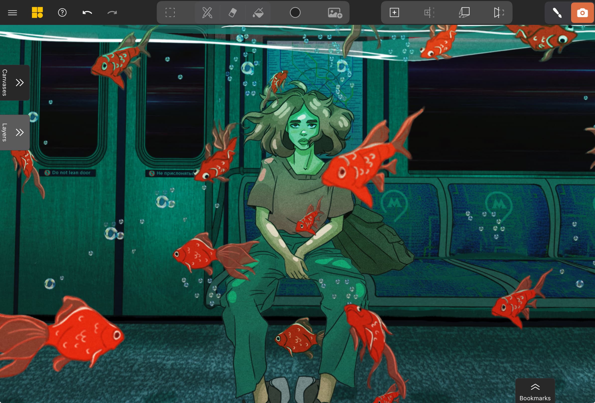 An illustration of a girl in a subway underwater, surrounded by fish. Scene by Diana Arus.