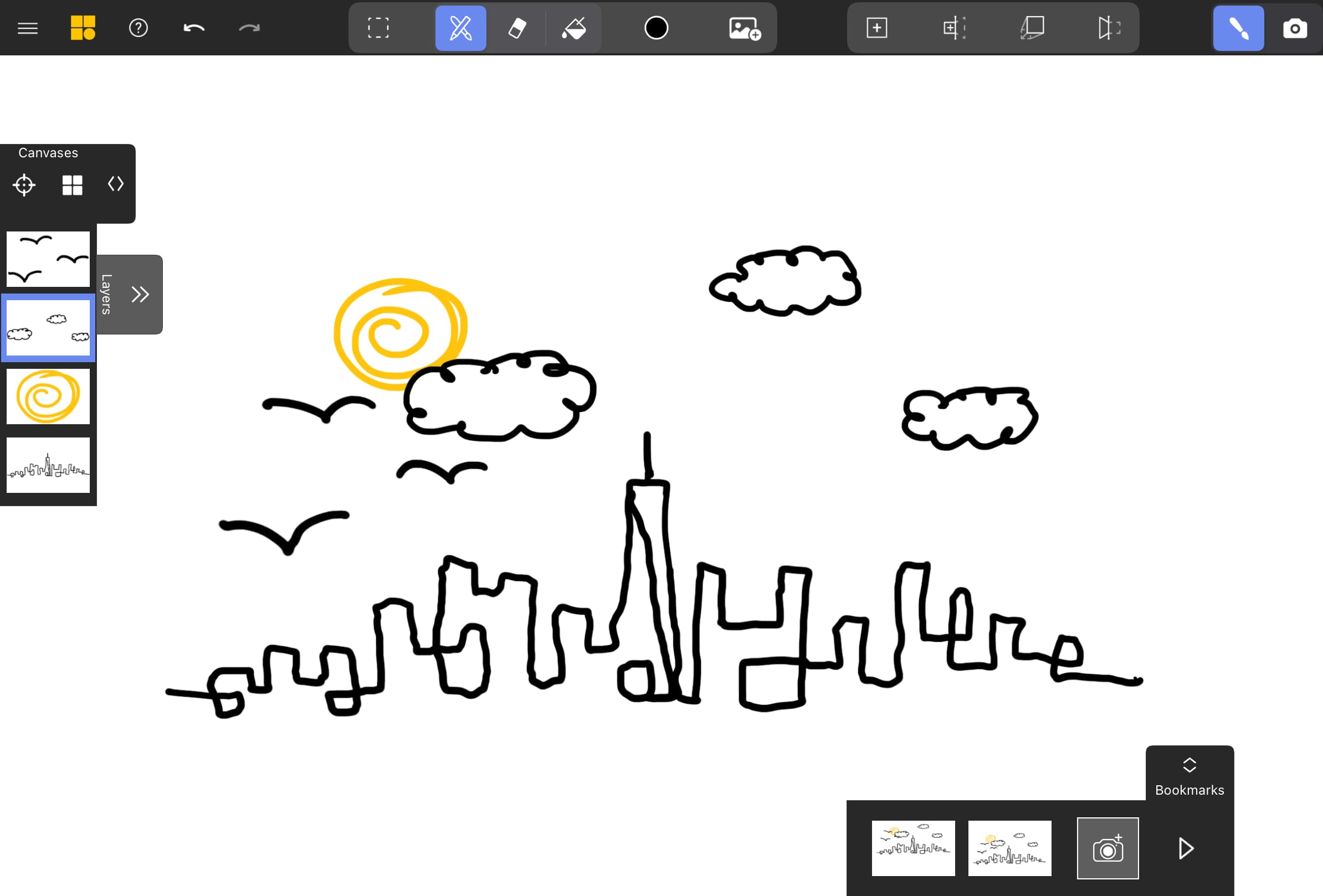 A scene with a city, sun, clouds and birds