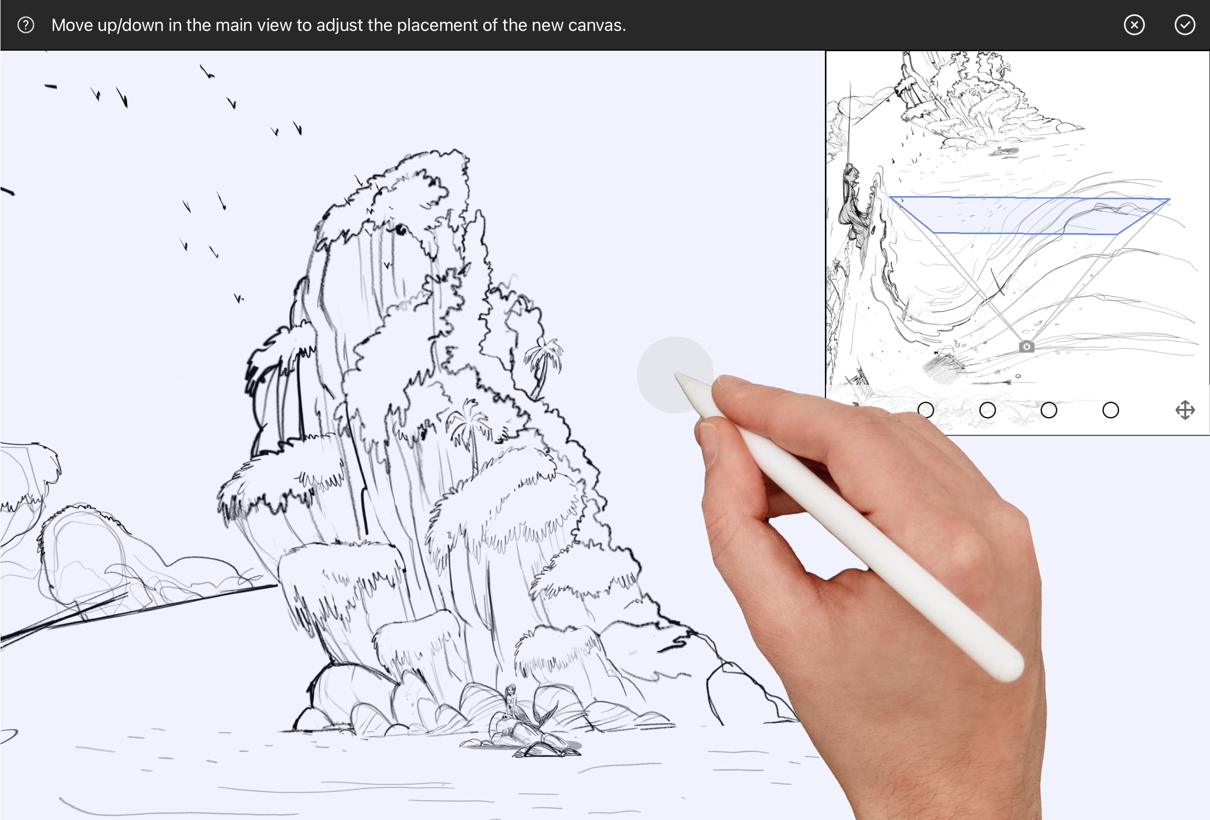 Drag your finger or pen in the main view to pull your canvas forward or backward in space