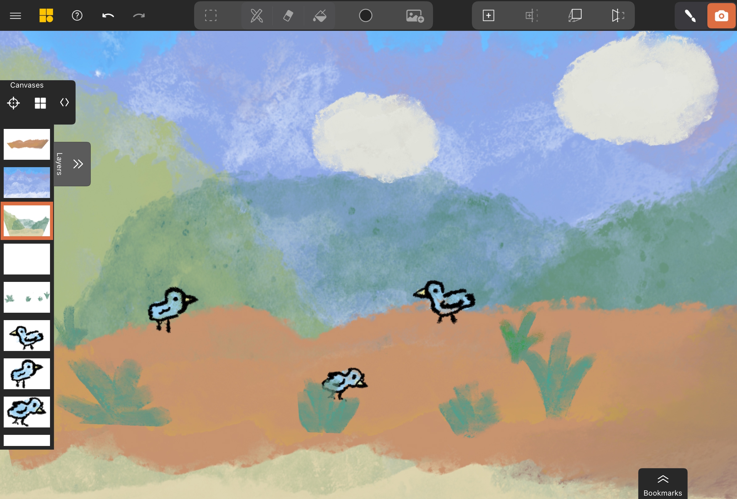 A spatial drawing in Mental Canvas depicting sand dunes with three blue birds hopping on them