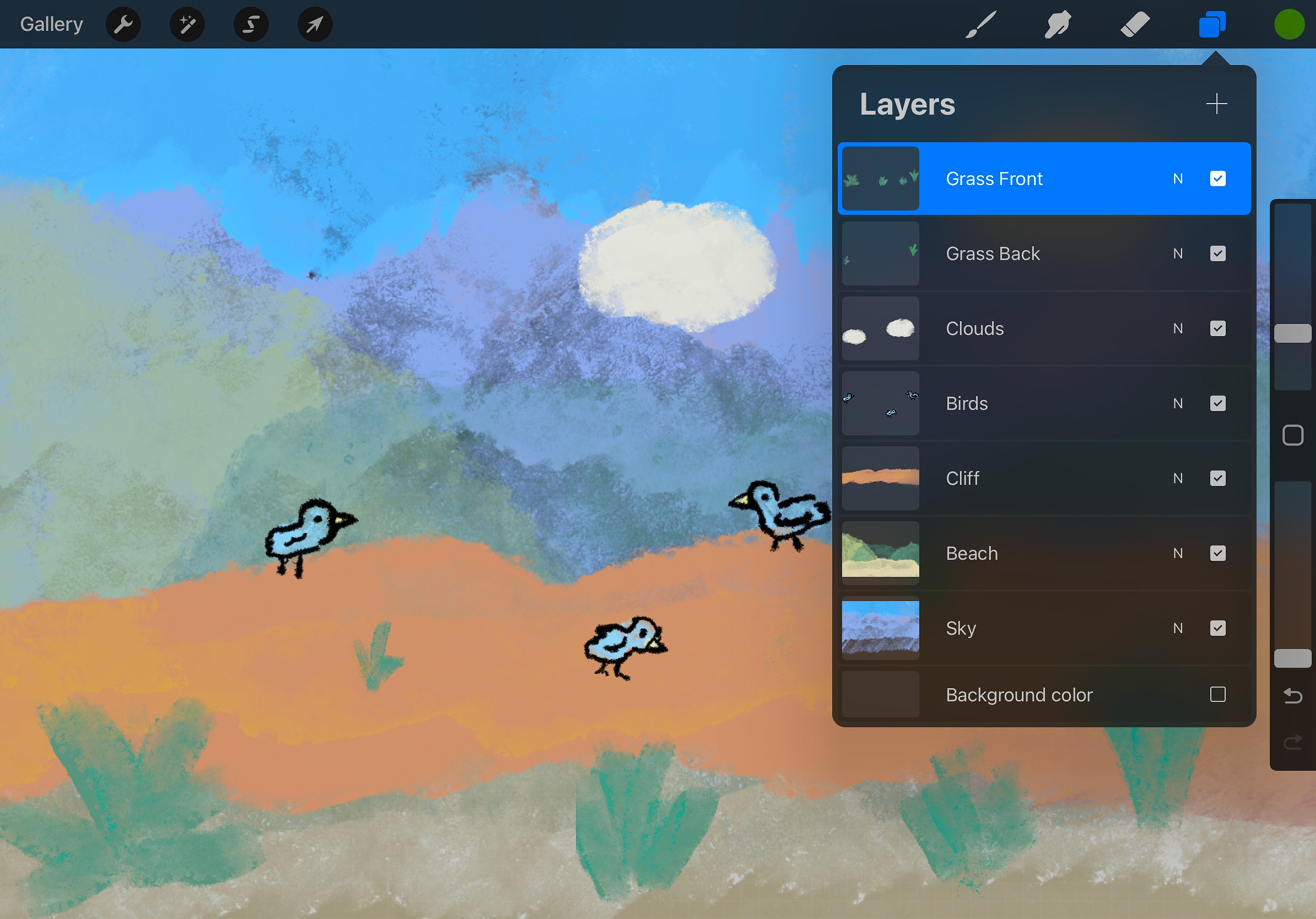 Procreate layers panel showing separate layers for foreground, middle ground, and background elements.