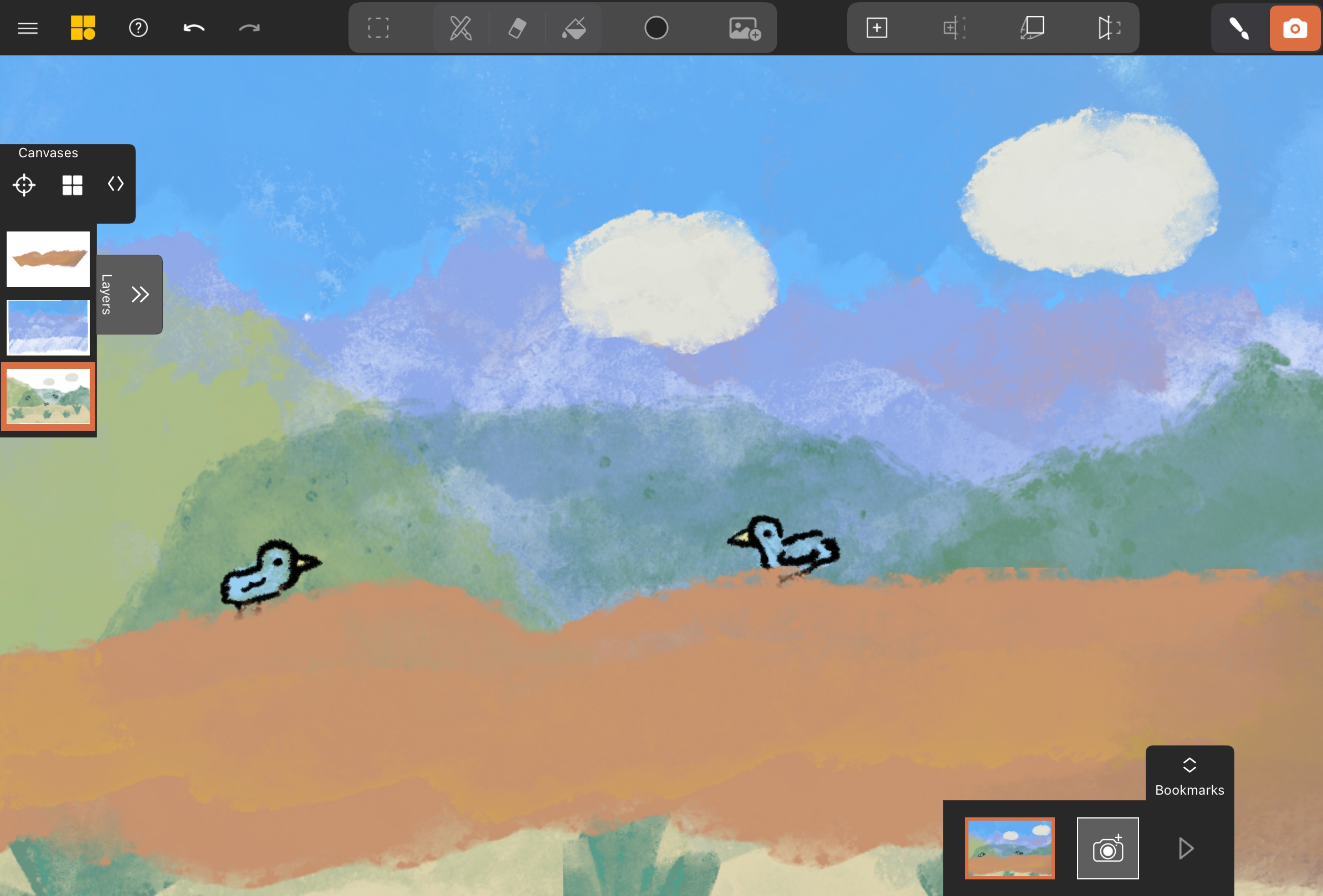 Scene viewed from an angle, showing the ground plane and background elements projected into 3D space.