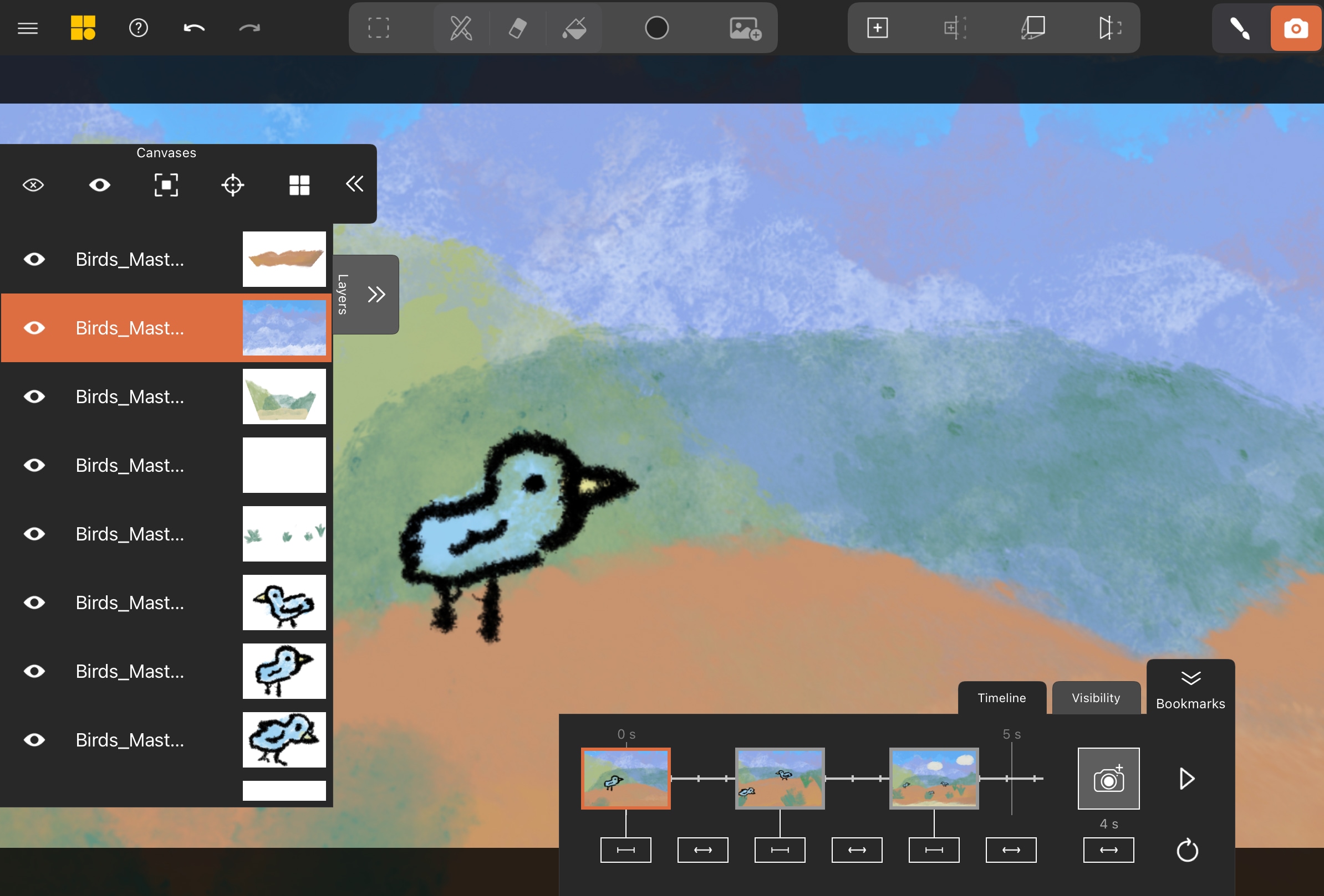 Mental Canvas Timeline panel showing options for adjusting bookmark linger and transition times.