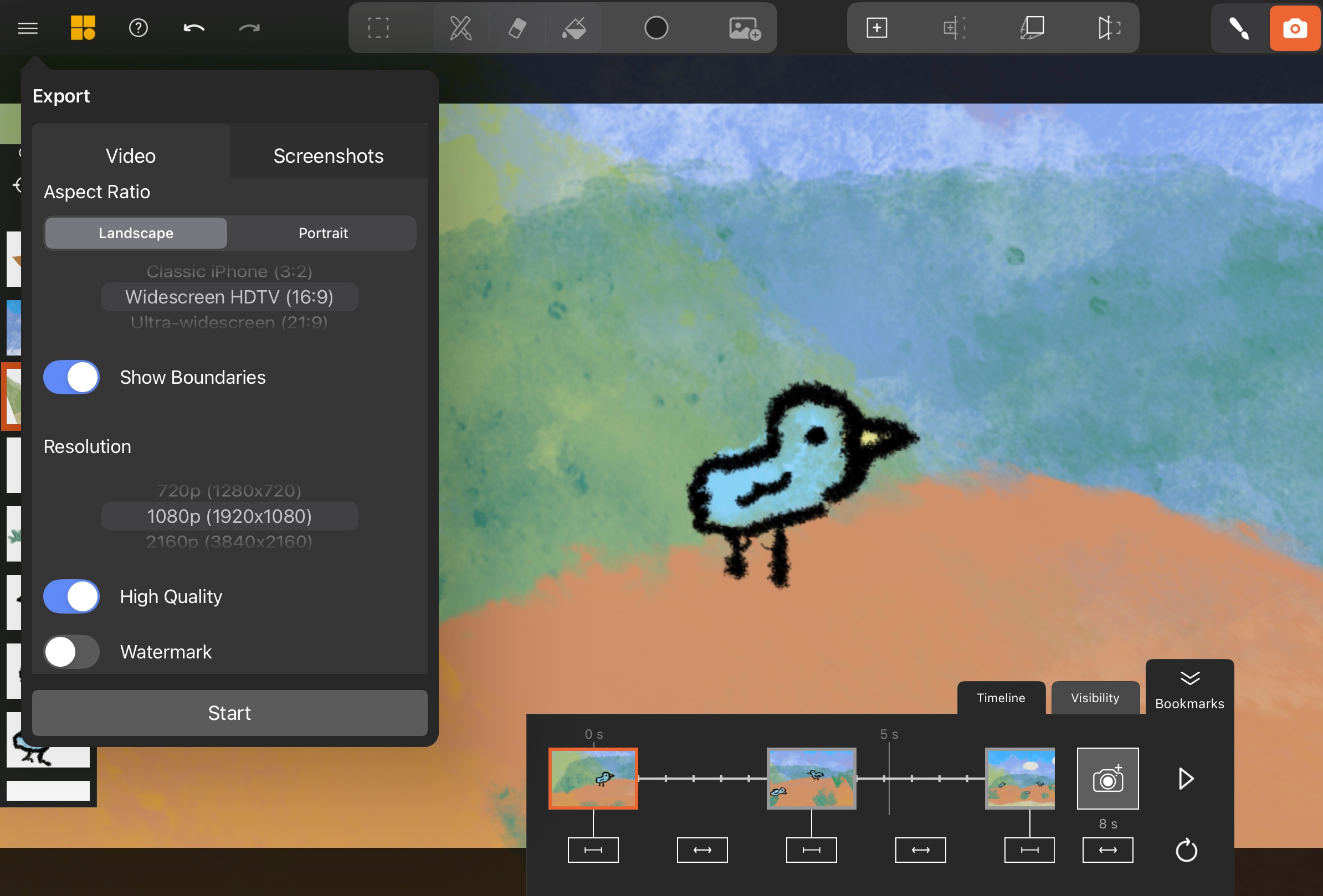 Mental Canvas export settings for video, showing resolution and format options.