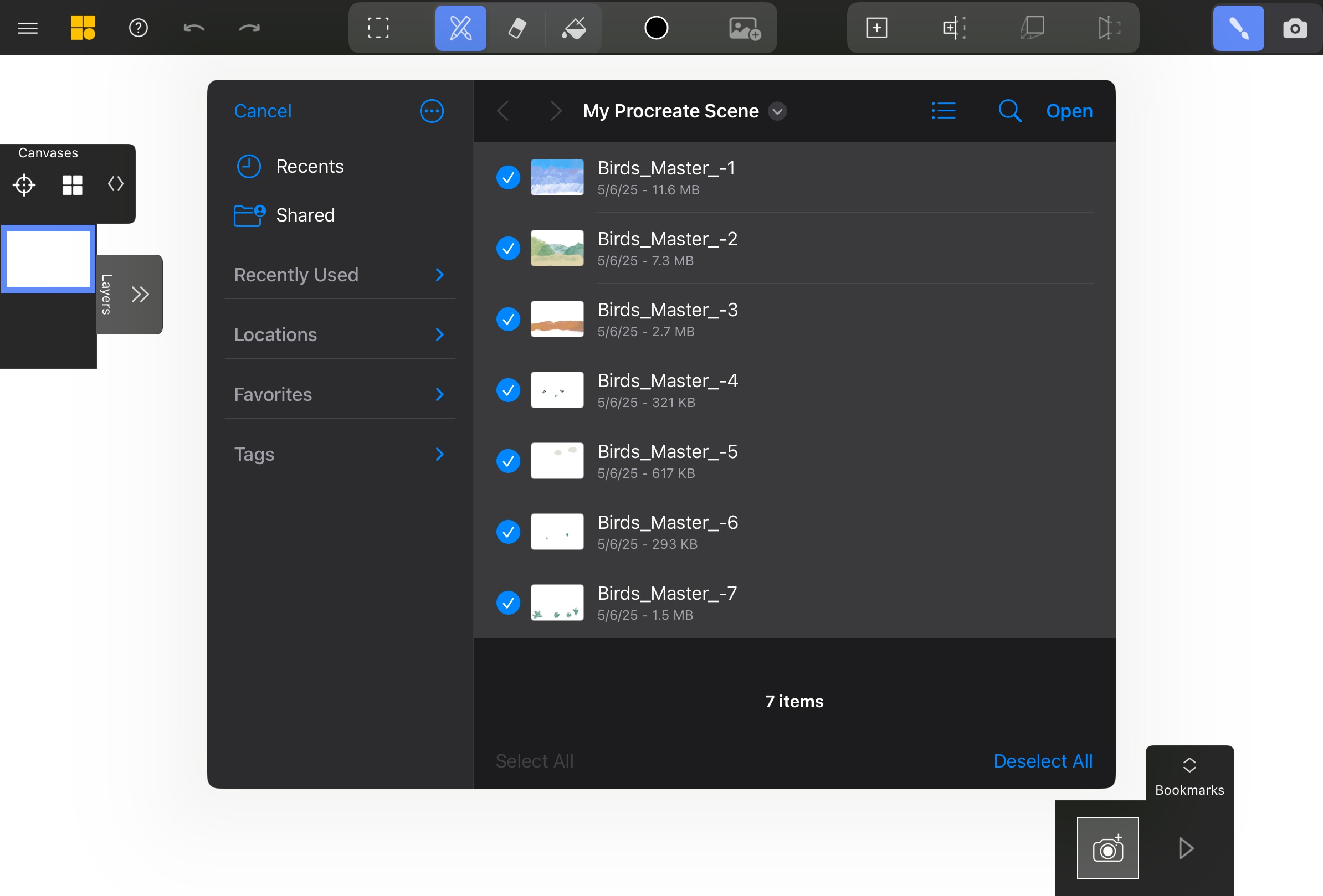 File browser showing selection of multiple PNG layers exported from Procreate.