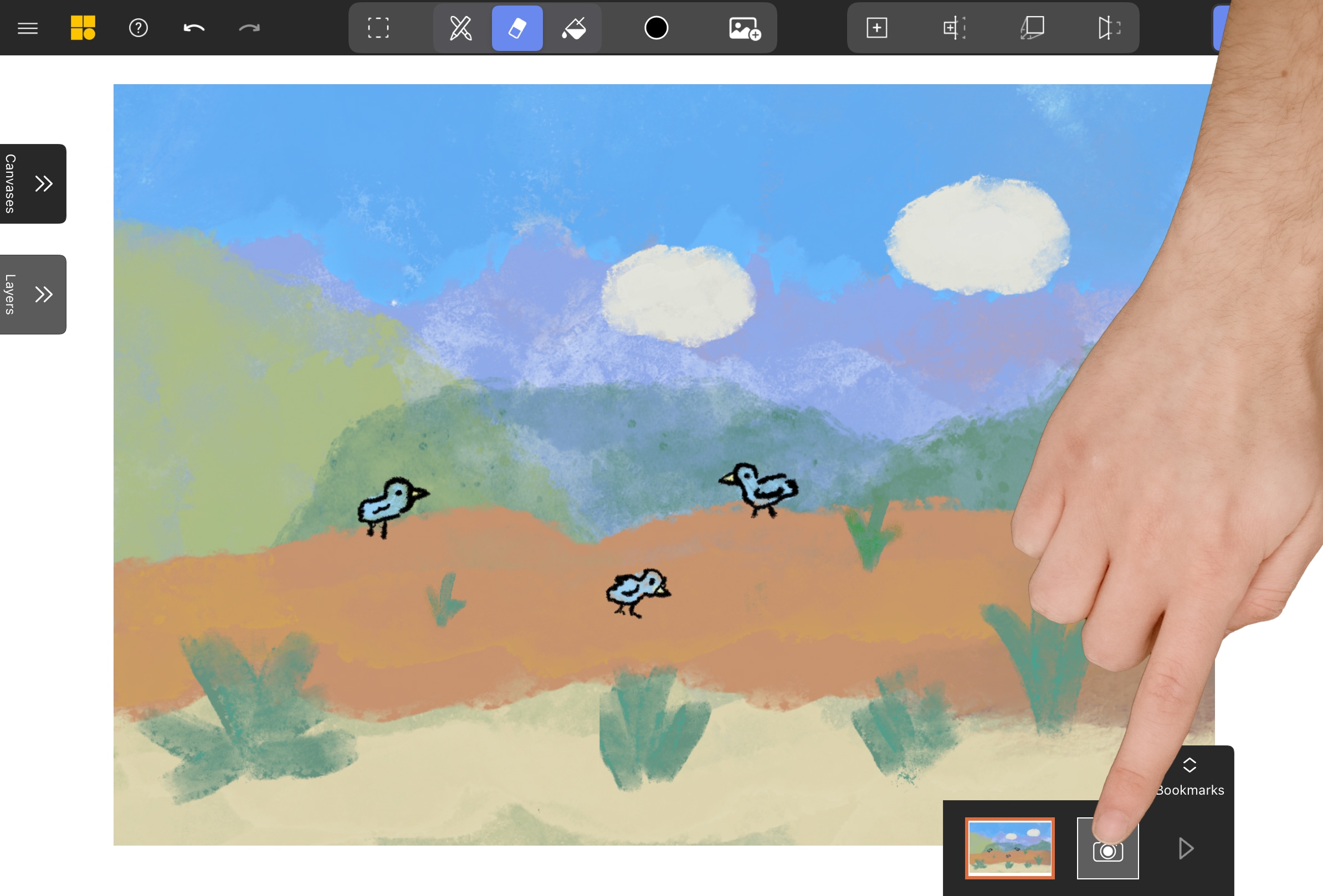 Mental Canvas interface highlighting the camera icon for saving a bookmark of the initial Procreate view.